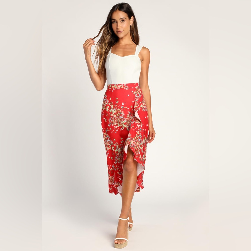 Lulu’s Romance Is Blooming Red Floral Print Ruffled Midi Skirt